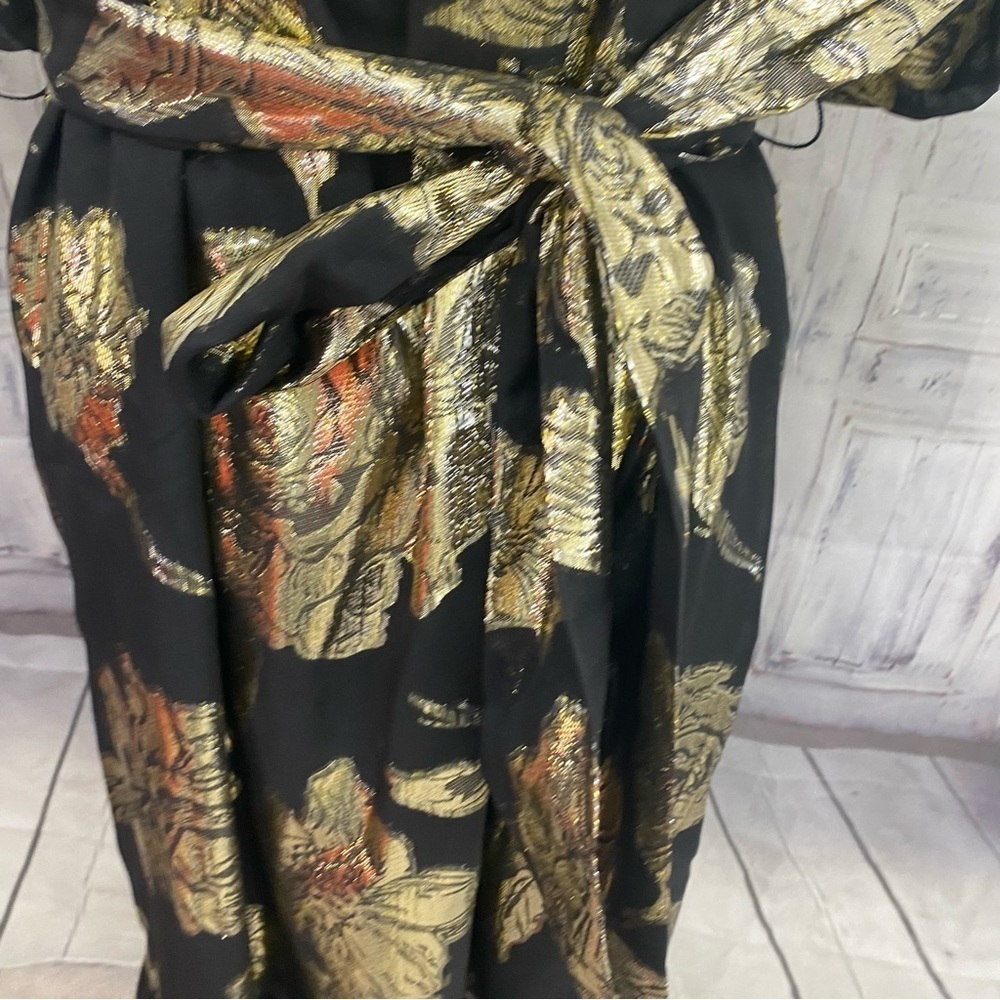 Alex Marie Black Gold Mock Neck Puff Sleeve Midi Dress Belted Pockets Cocktail - Picture 16 of 16